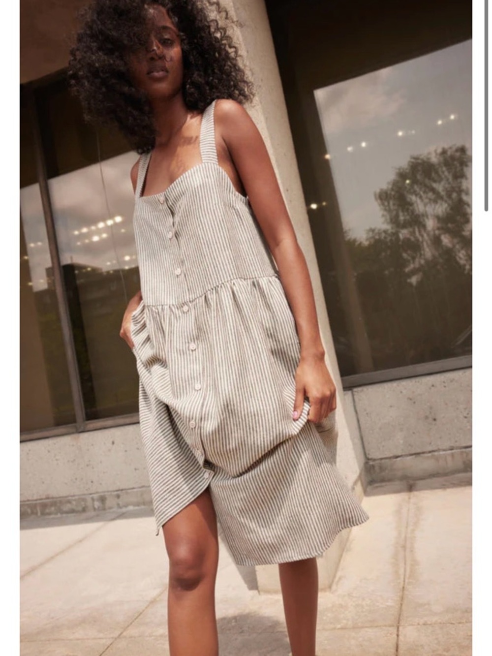 Eve Gravel Beige and White Striped Button-Front Midi Dress